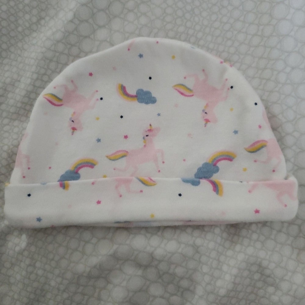Unicorn Print Baby Girl Beanie - Pink and White (Size: 0-3 Months)